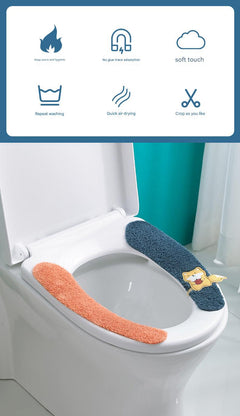 blue plush toilet seat cover on a toilet