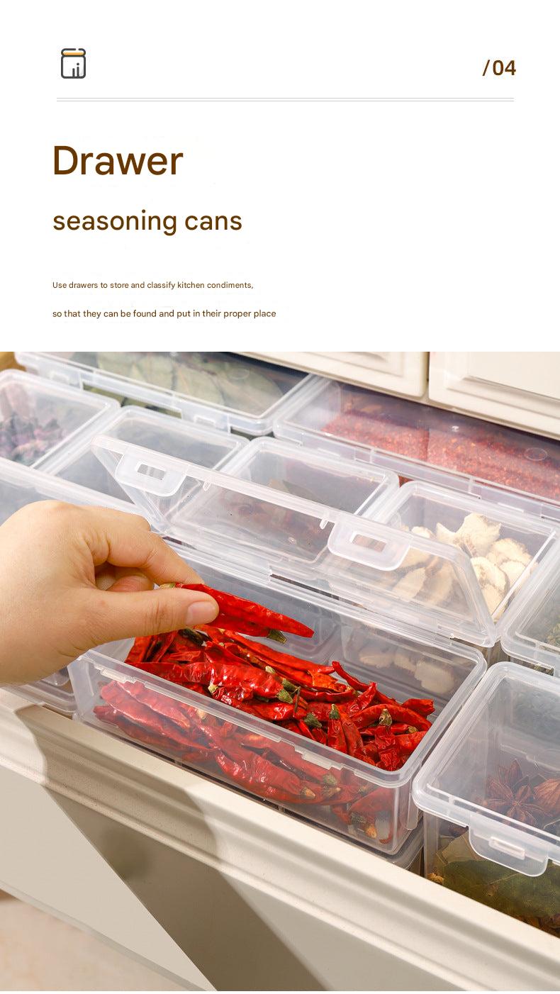 Various spice storage containers for kitchen use