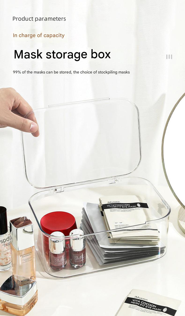 Close-up of clear storage box for stationery and snacks