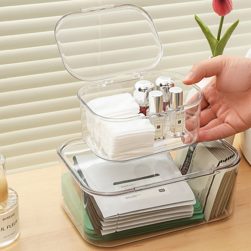 Close-up of clear storage box for stationery and snacks