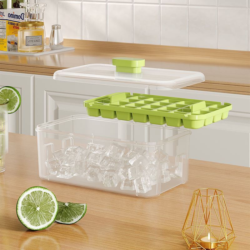 Close-up of ice cubes in the ice maker tray