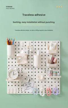 Wall-mounted pegboard organiser with compartments photo