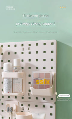 Close-up of hooks on the pegboard organiser