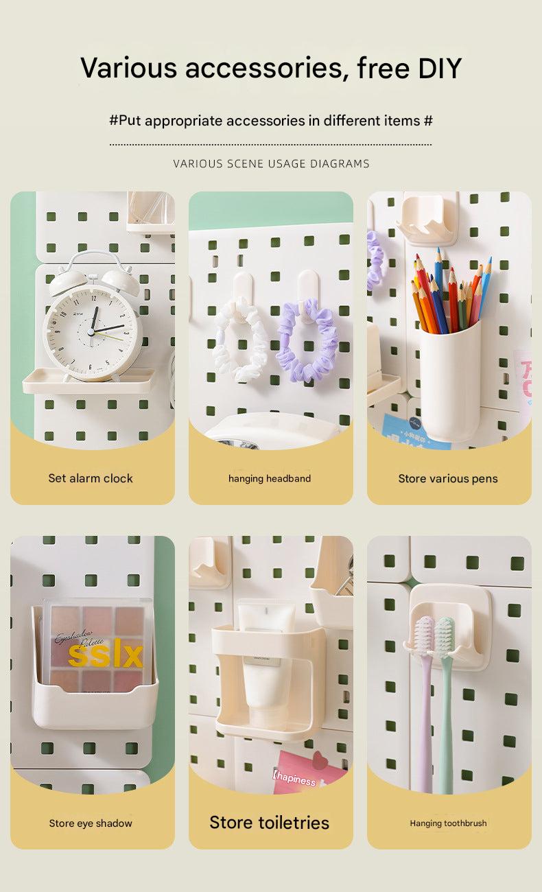 Wall-mounted pegboard organiser with compartments photo