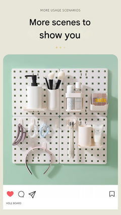 Pegboard organiser in a bathroom setting