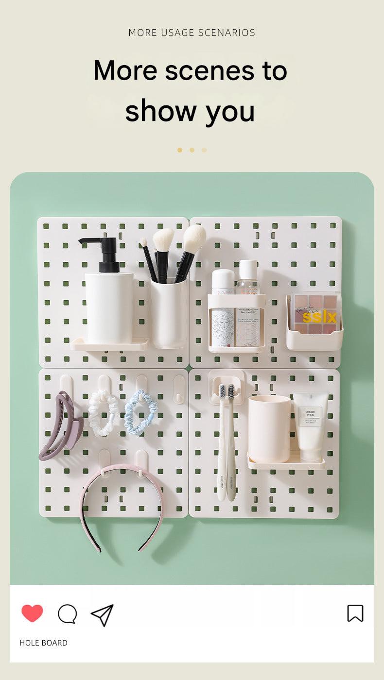 Pegboard organiser in a bathroom setting