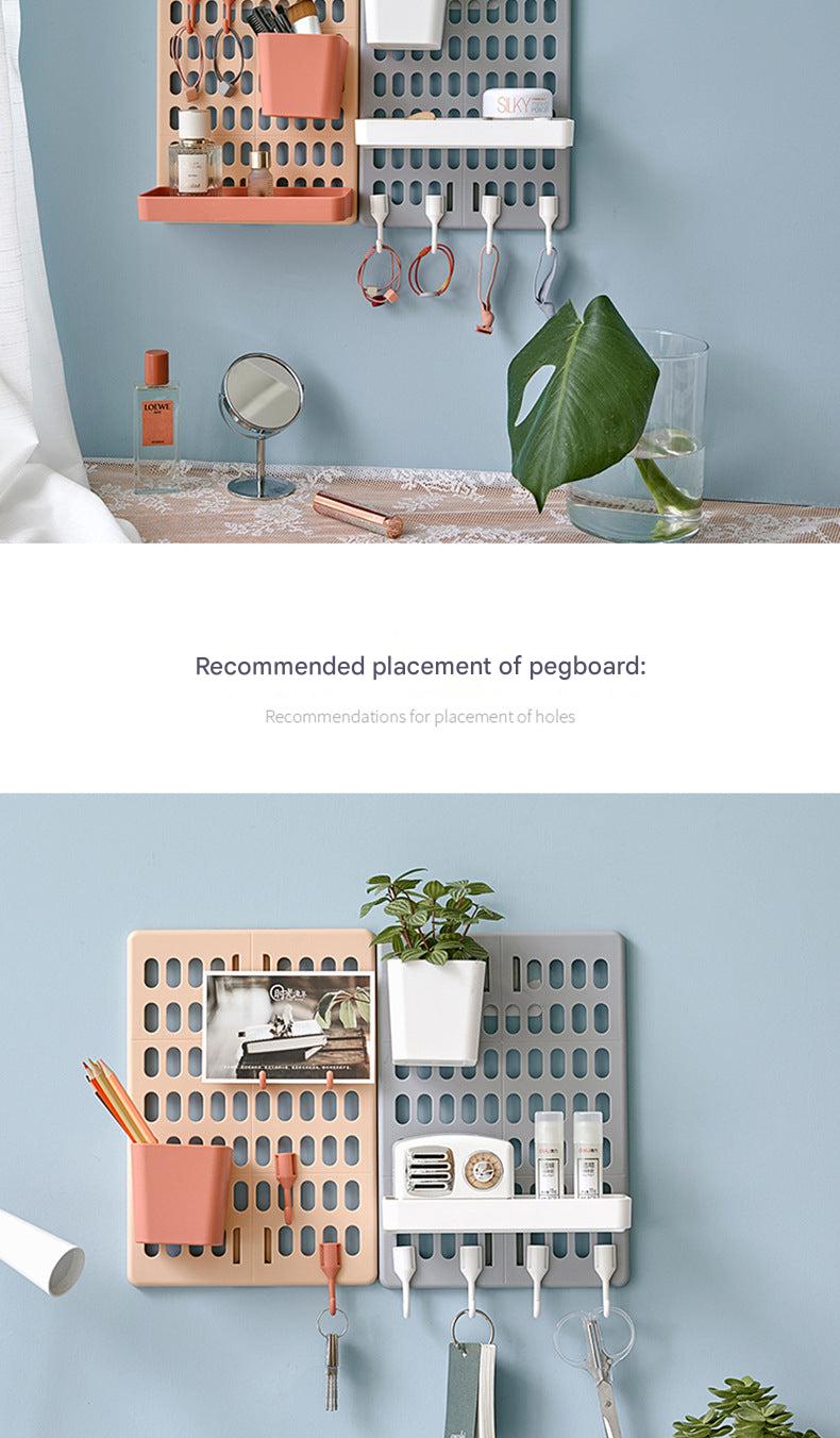 Bathroom essentials organised on wall rack