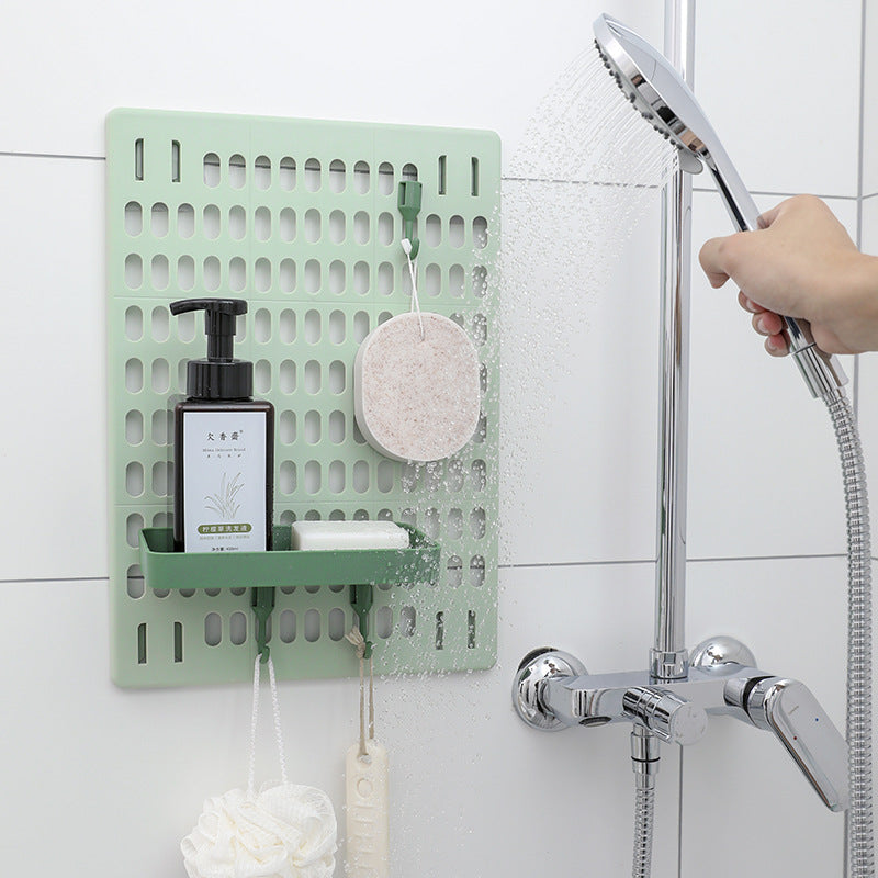 Organised kitchen with wall-mounted rack