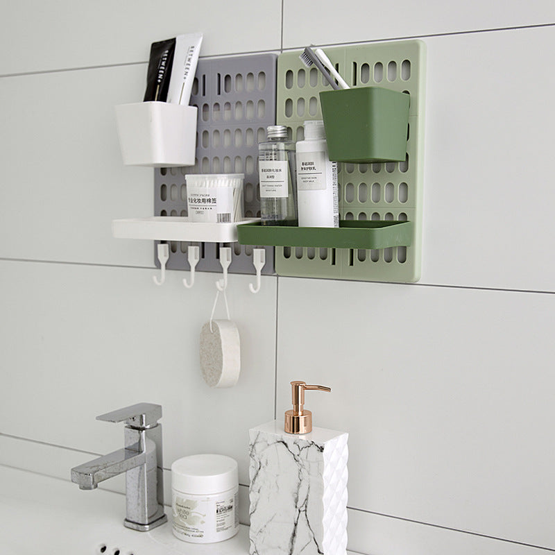 Bathroom essentials organised on wall rack