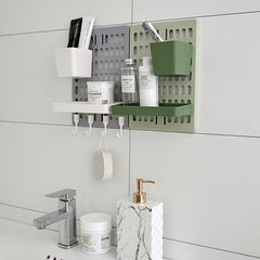 Bathroom essentials organised on wall rack