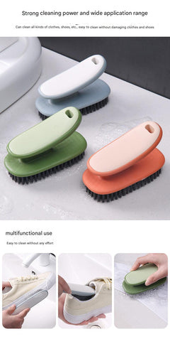 Hand holding the multifunctional shoe cleaning brush