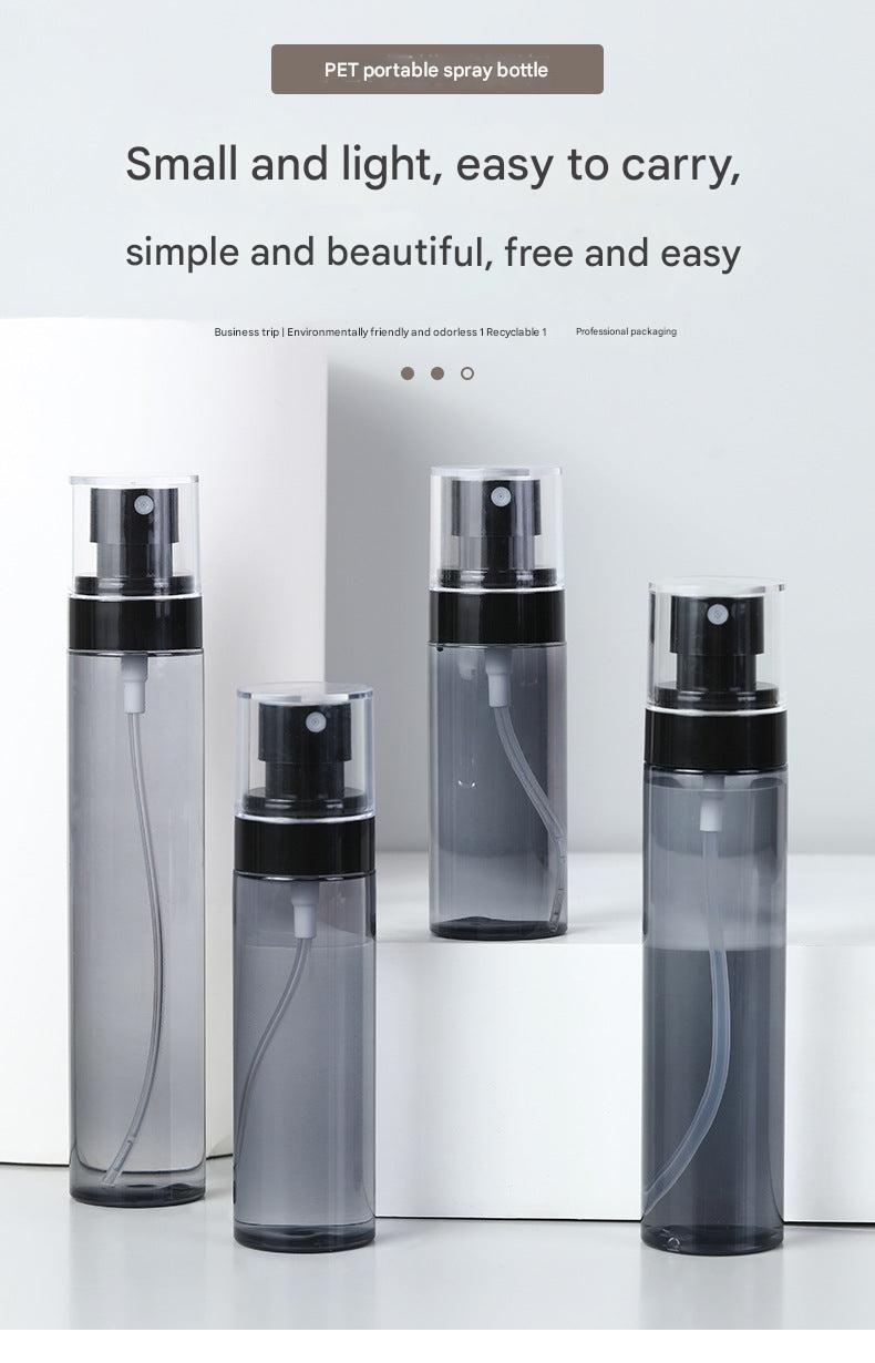 Various angles of a travel-friendly spray bottle
