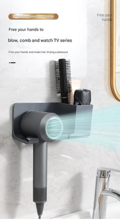 Bathroom organisation featuring hair dryer rack