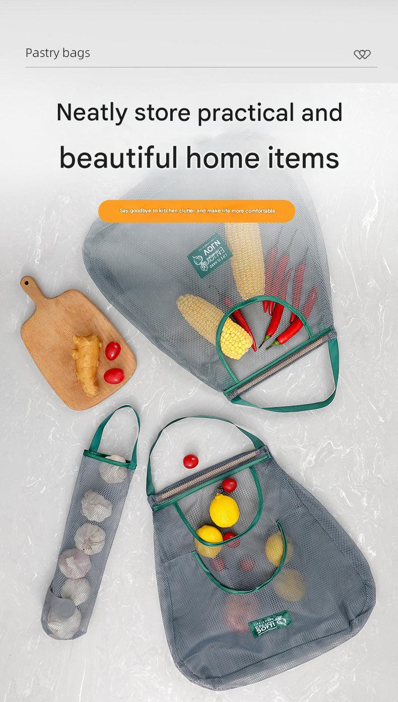Hanging storage bag in kitchen with fruits