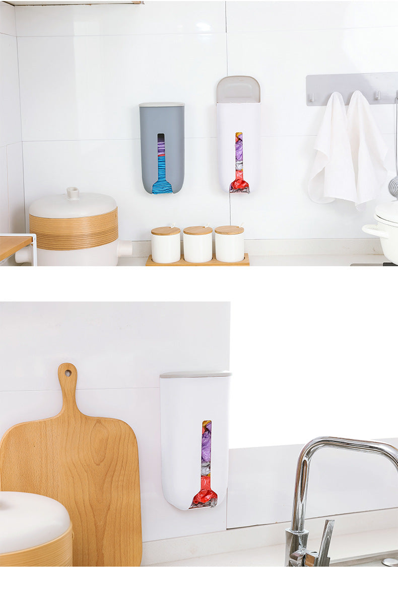 wall-mounted trash bag organiser in kitchen