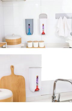 wall-mounted trash bag organiser in kitchen