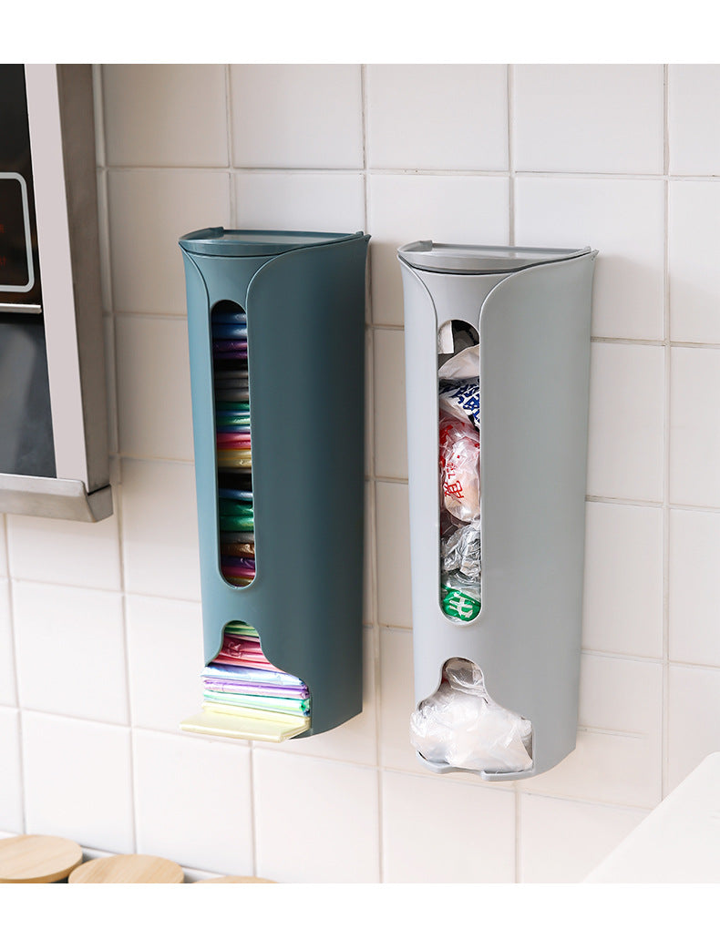 wall-mounted trash bag organizer in kitchen