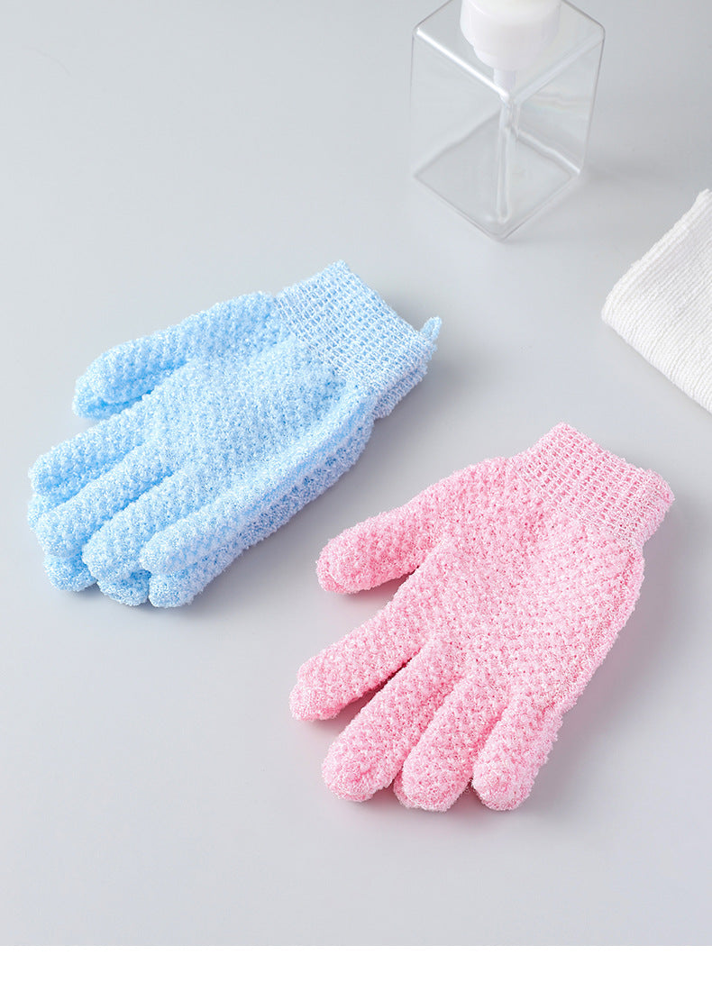 Detailed view of blue bath gloves