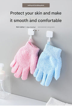 Detailed view of pink bath gloves