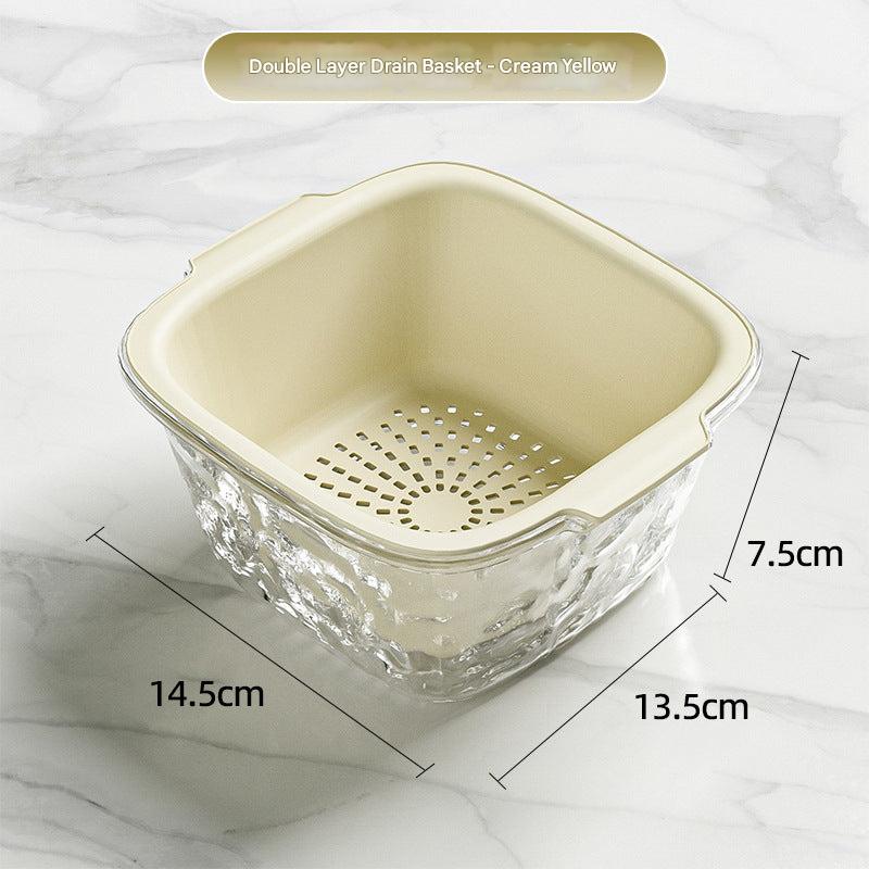 yellow vegetable washing basket showing drainage