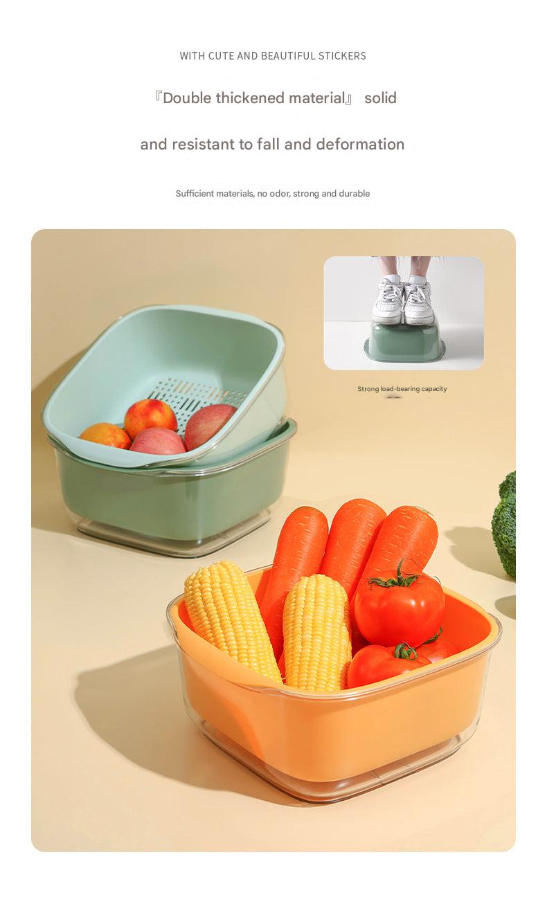 yellow vegetable washing basket showing drainage