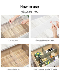 Collection of plastic drawer dividers in various positions