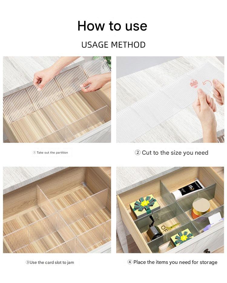 Collection of plastic drawer dividers in various positions