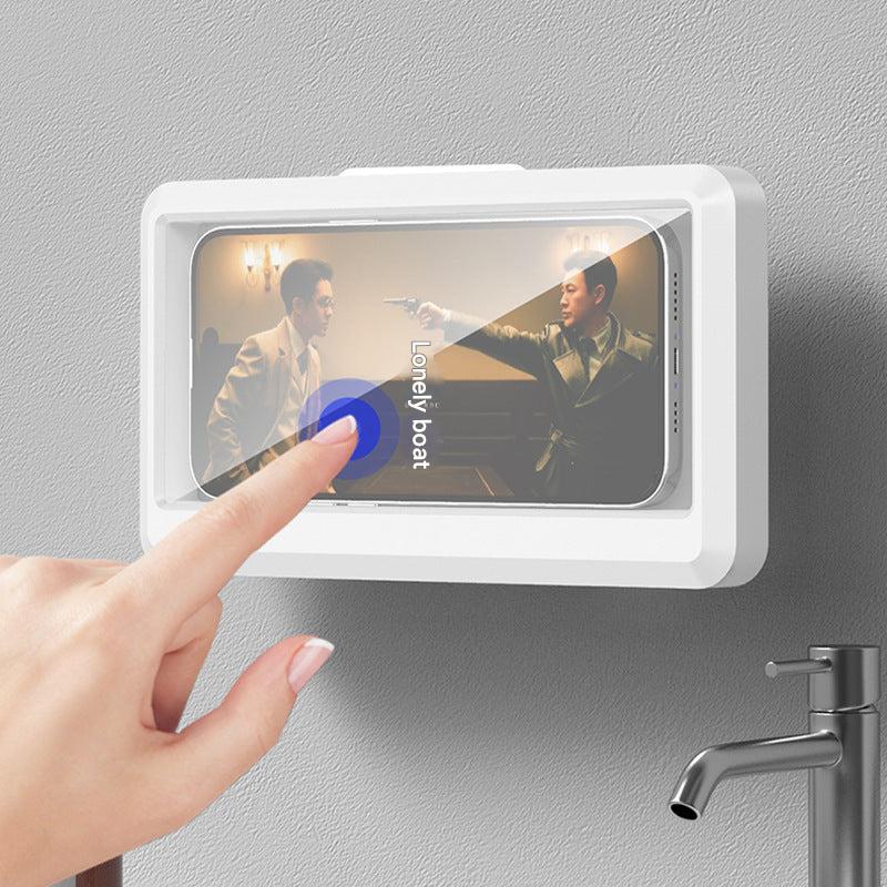 Close-up of adjustable bathroom phone holder in black