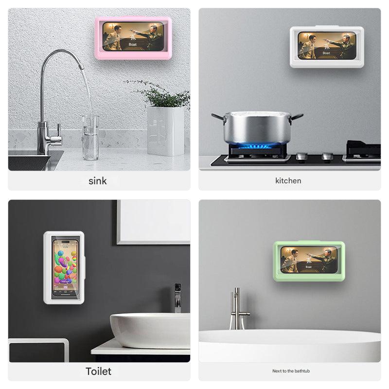 Different angles of phone holder for bathroom use