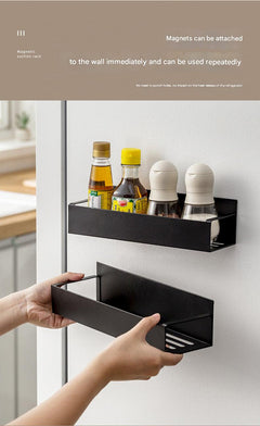 Organiser rack holding spices on a kitchen wall