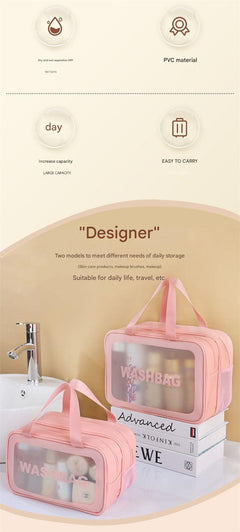 Portable double layer PVC makeup organiser shown in pink