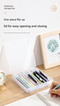 clear plastic storage box on a desk