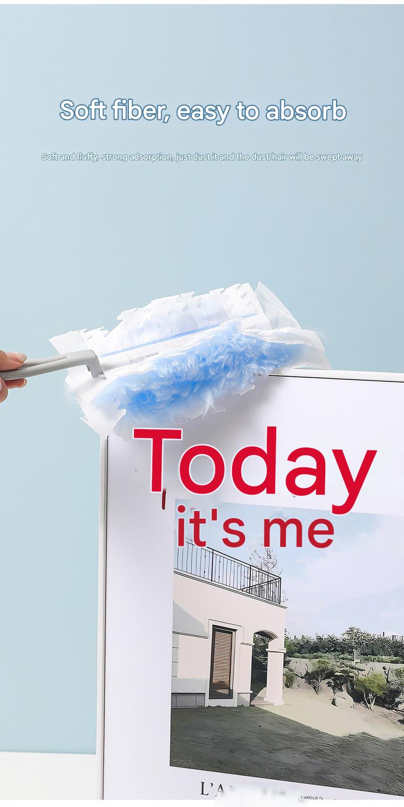 static duster reaching high shelves for cleaning