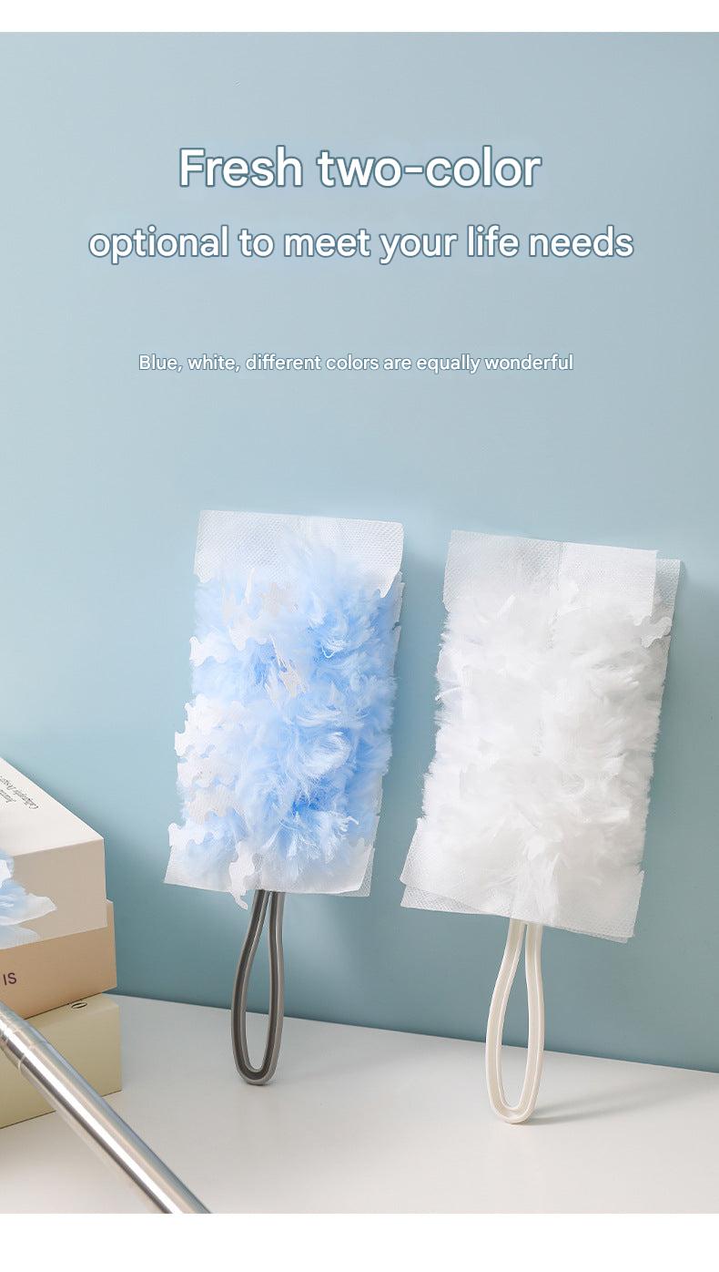 static duster reaching high shelves for cleaning