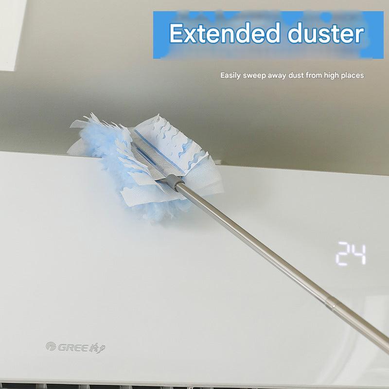 static duster reaching high shelves for cleaning