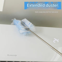 static duster reaching high shelves for cleaning