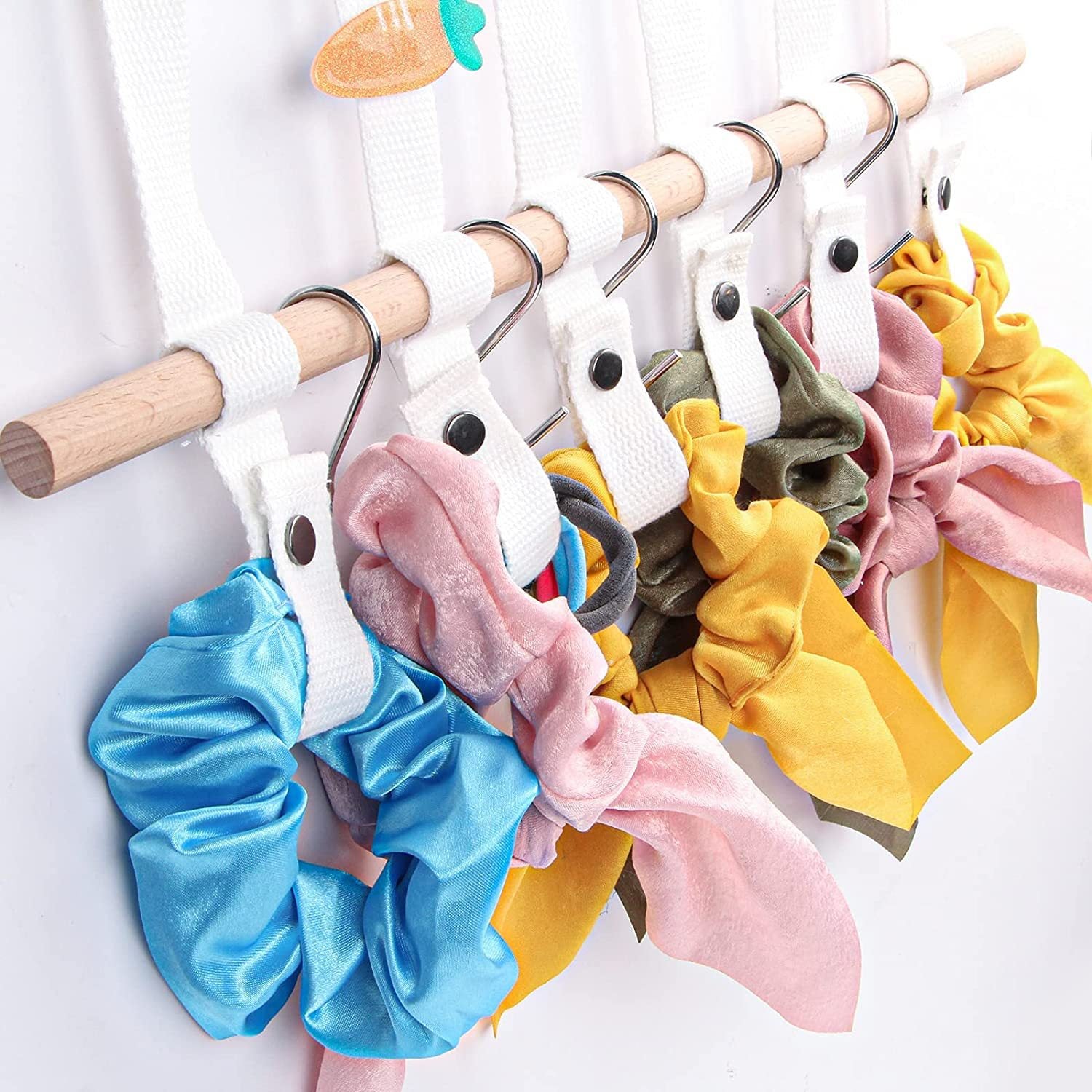 Organised hair accessories on wall hooks