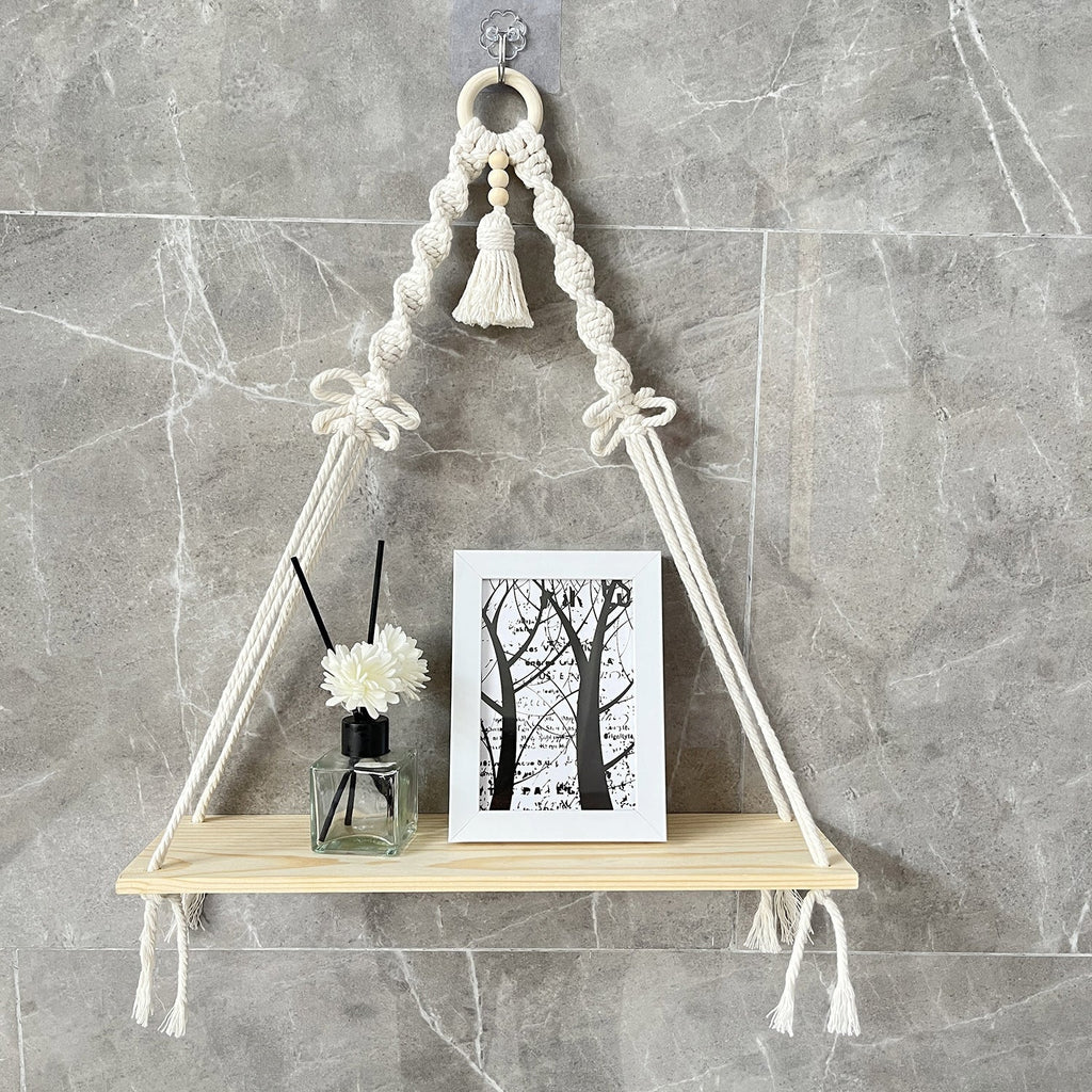 Close-up of natural cotton rope wall shelf