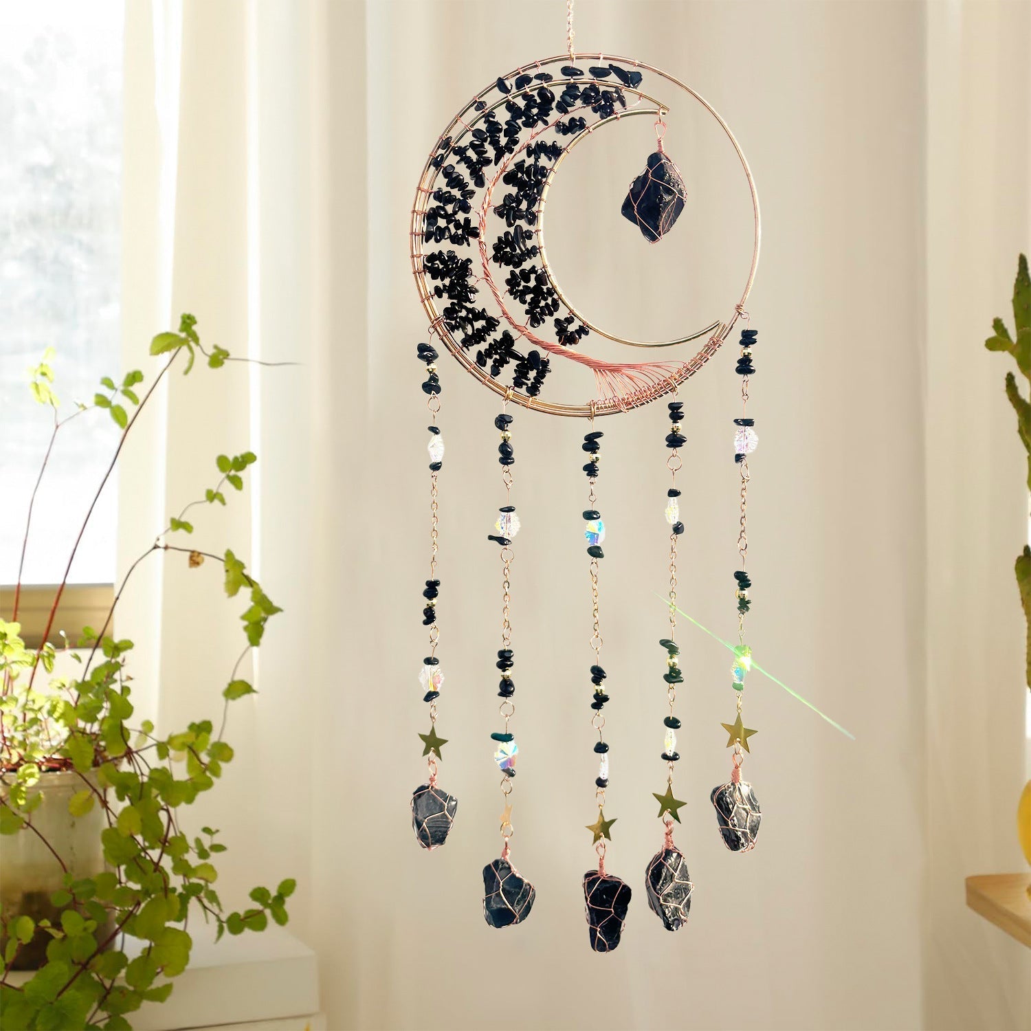 Ethically sourced rose quartz ornament contrasting with furnishings