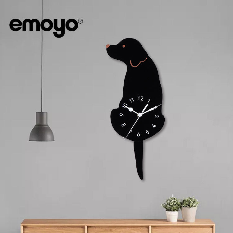 Acrylic dog clock showing swinging tail feature