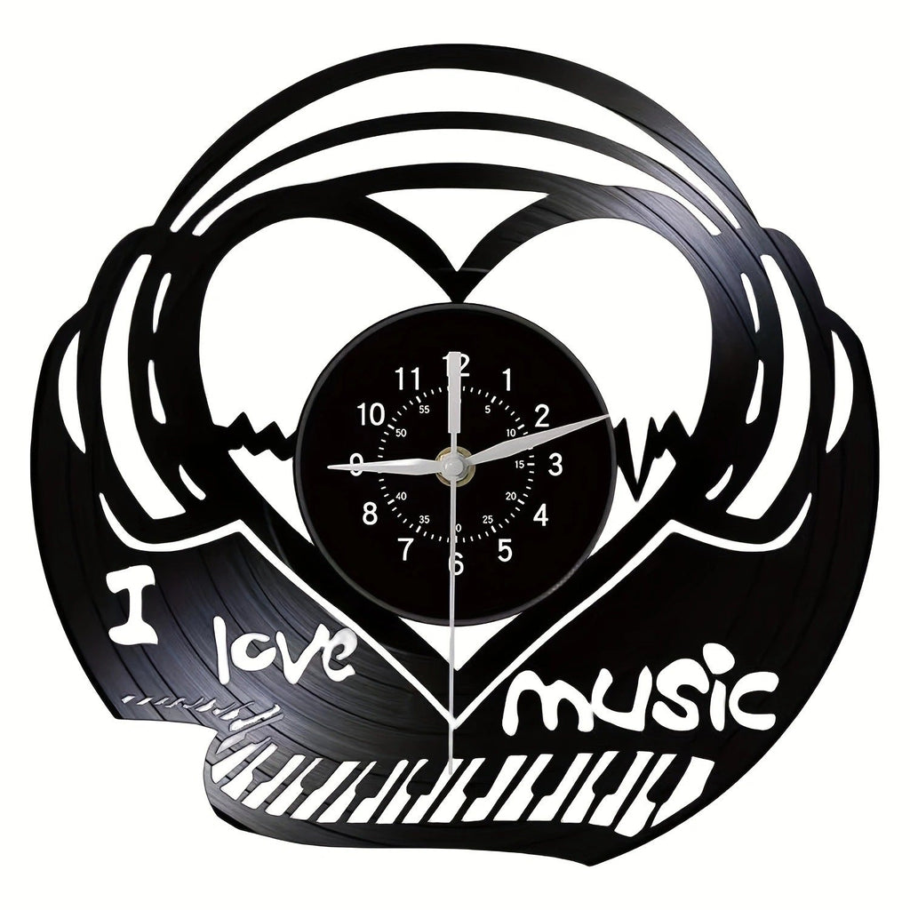 Stylish black vinyl wall clock on display