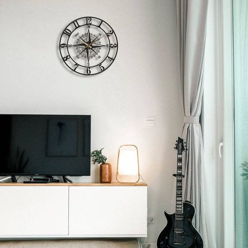 Stylish clock in modern home setting