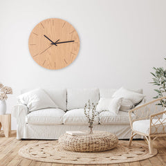 Stylish wooden clock mounted on a modern wall