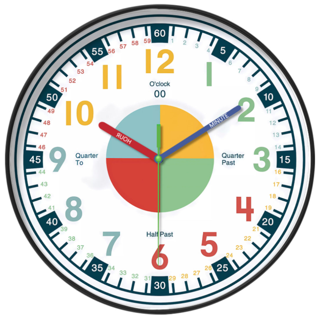 Colourful 10-inch wall clock displayed in a kid's room