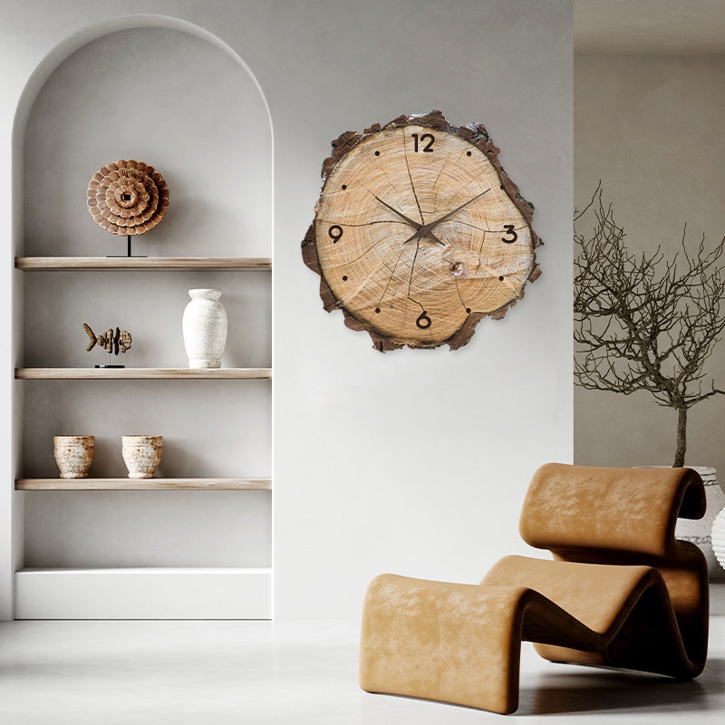 Stylish wood wall clock on white wall