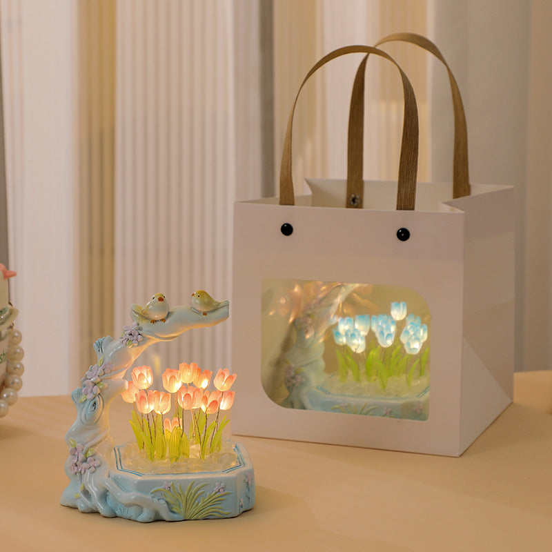 assembled DIY tulip night light in bedroom