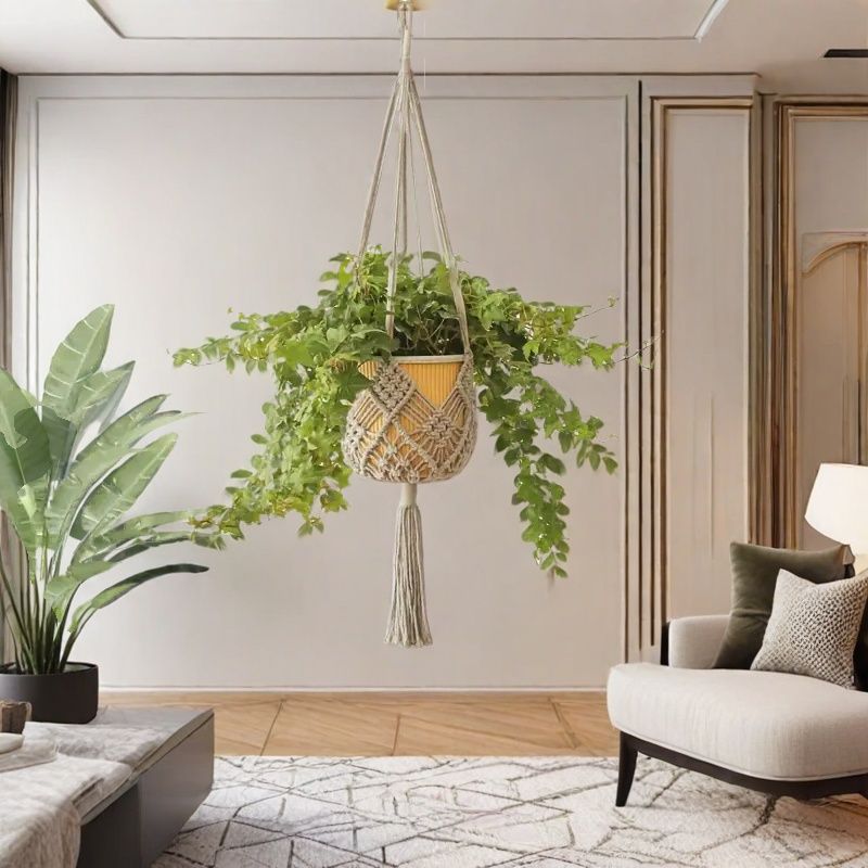 Indoor plant suspension basket with greenery