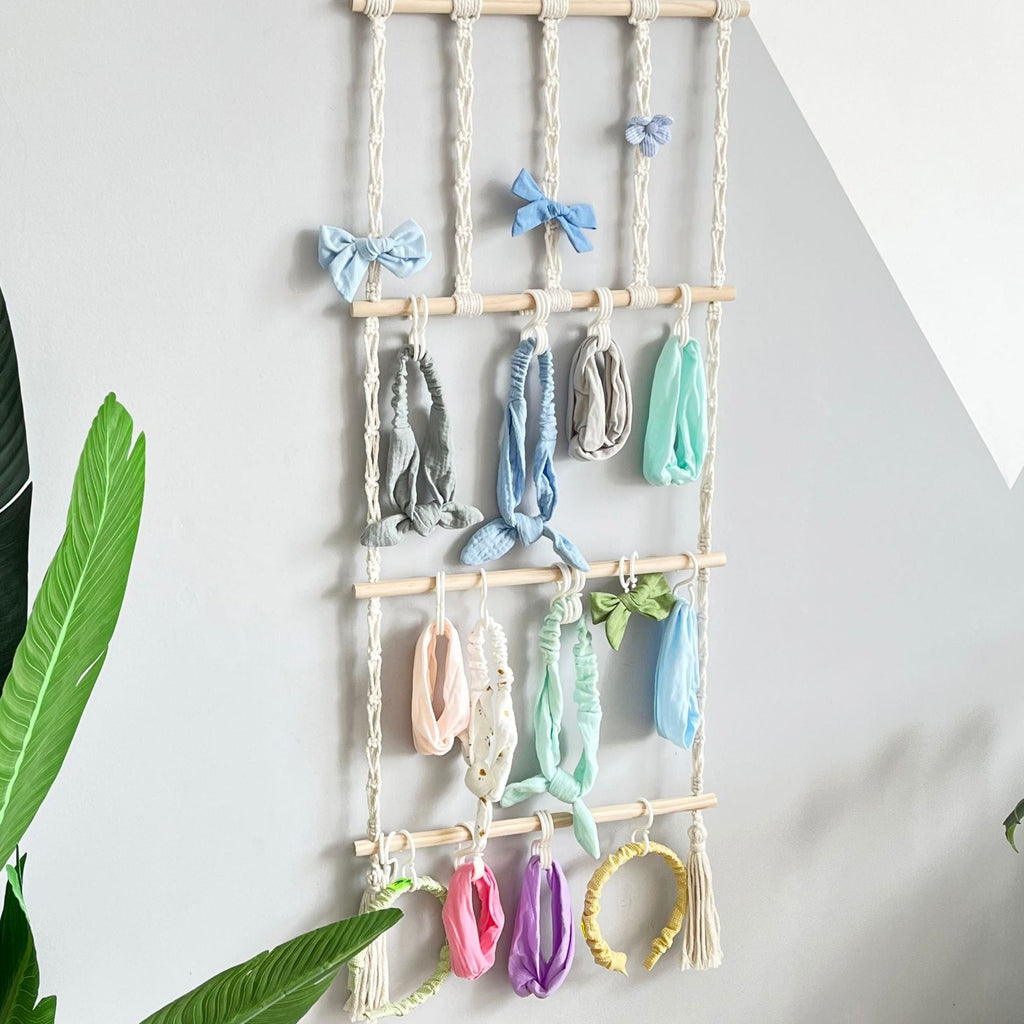 Close up of wall-mounted hair clip storage