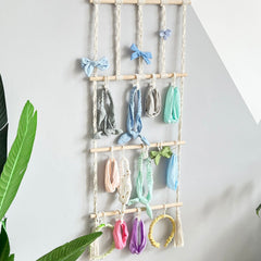 Close up of wall-mounted hair clip storage