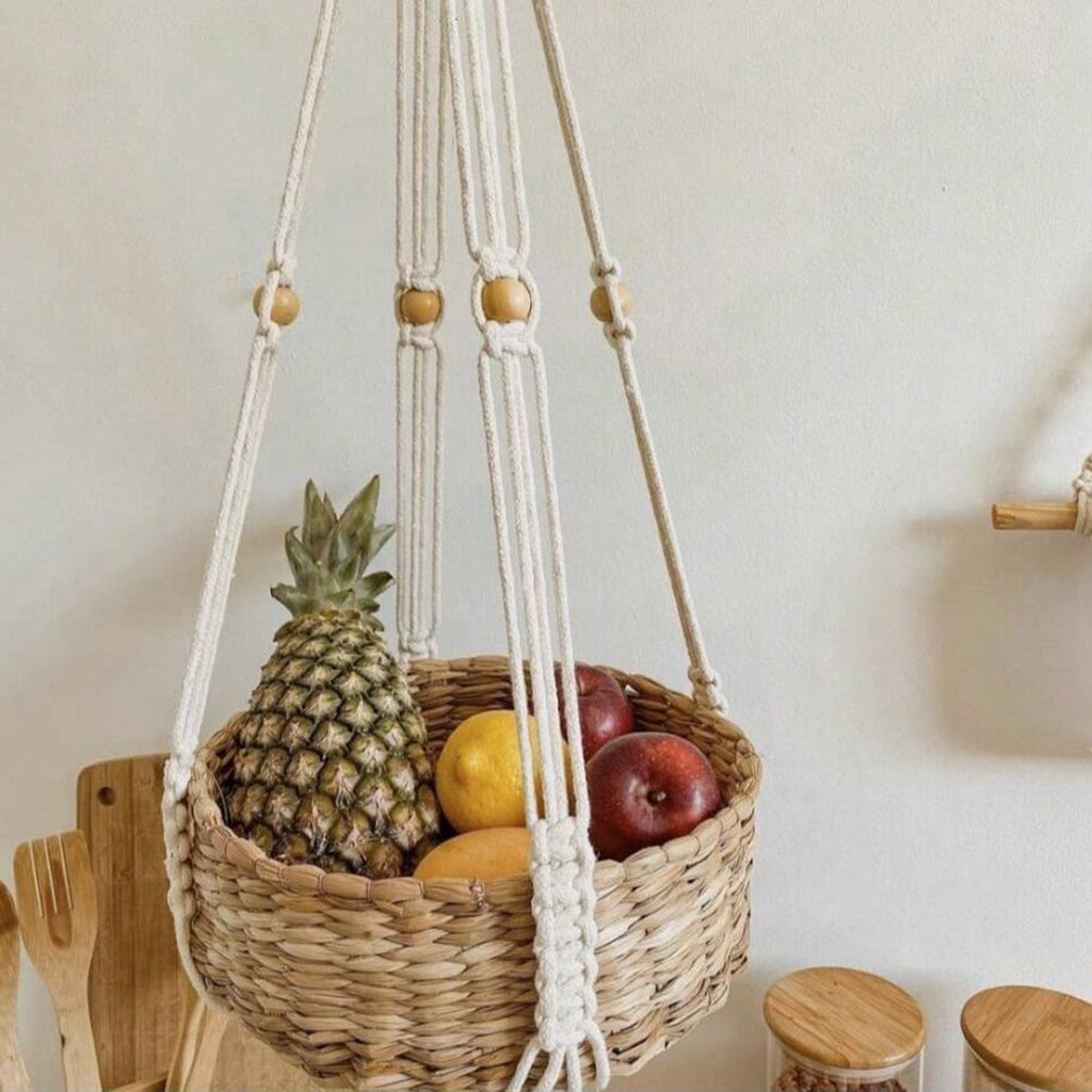 Natural cotton hanging planter in home setting